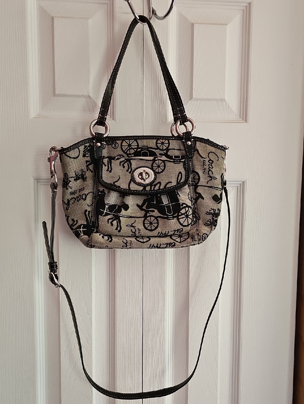 Coach Beige and Black Script & Carriage Shoulder Bag